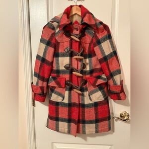Vintage 1970s Plaid Toggle Coat | XS | Red Tartan Wool Winter Jacket